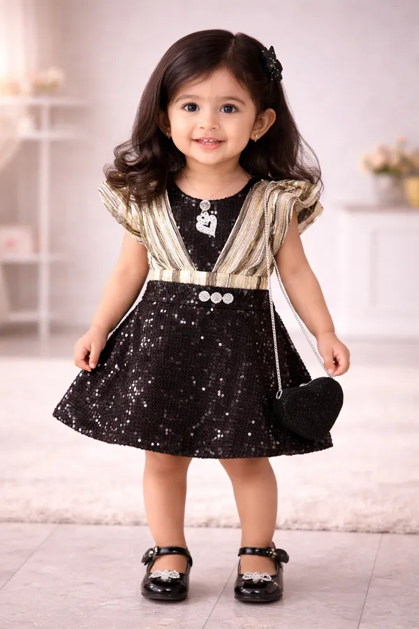 Girls_Black_Sequin_Dress_With_Golden_Drape_And_Matching_Purse