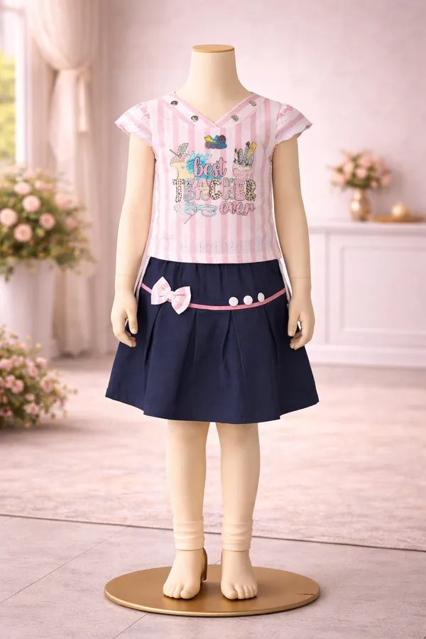 Girls_Pink_And_Navy_Blue_Striped_Top_With_Skirt_Dress_Set