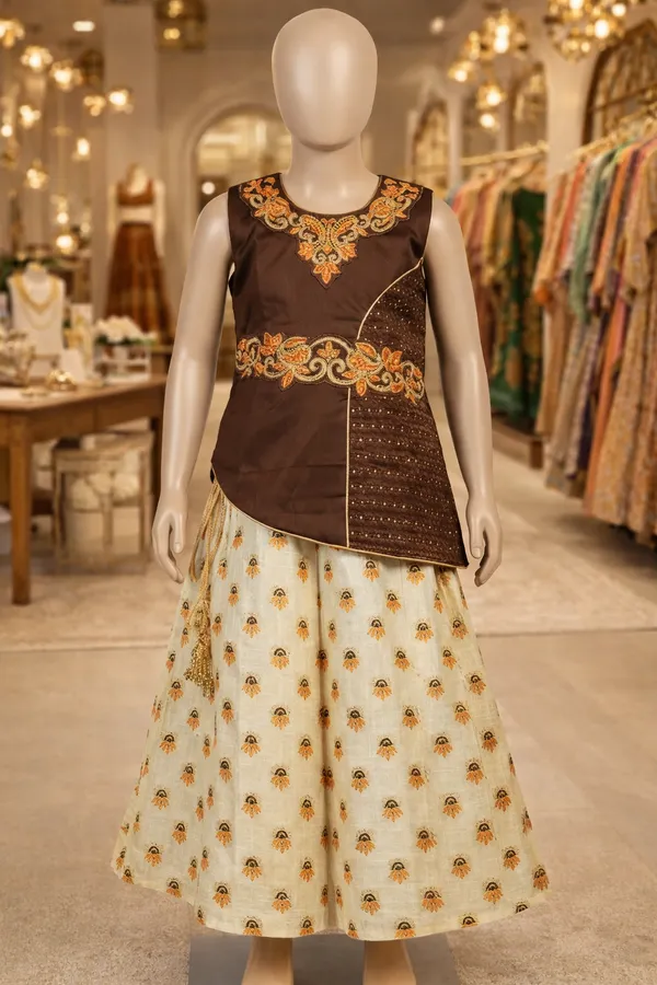 Girls_Brown_And_Cream_Ethnic_Lehenga_Choli_Set