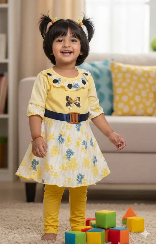Yellow_Floral_Dress_With_Belt_For_Girls