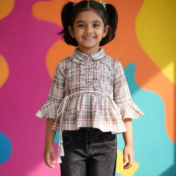 Girls_Checked_Peplum_Top_With_Black_And_Brown_Denim_Jeans_Set