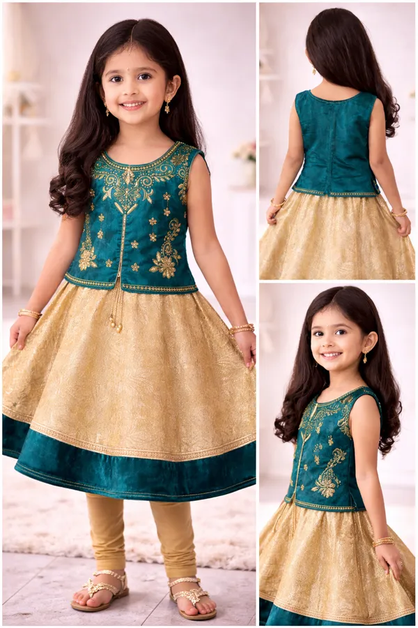 Girls_Teal_And_Gold_Embroidered_Anarkali_Dress_Set