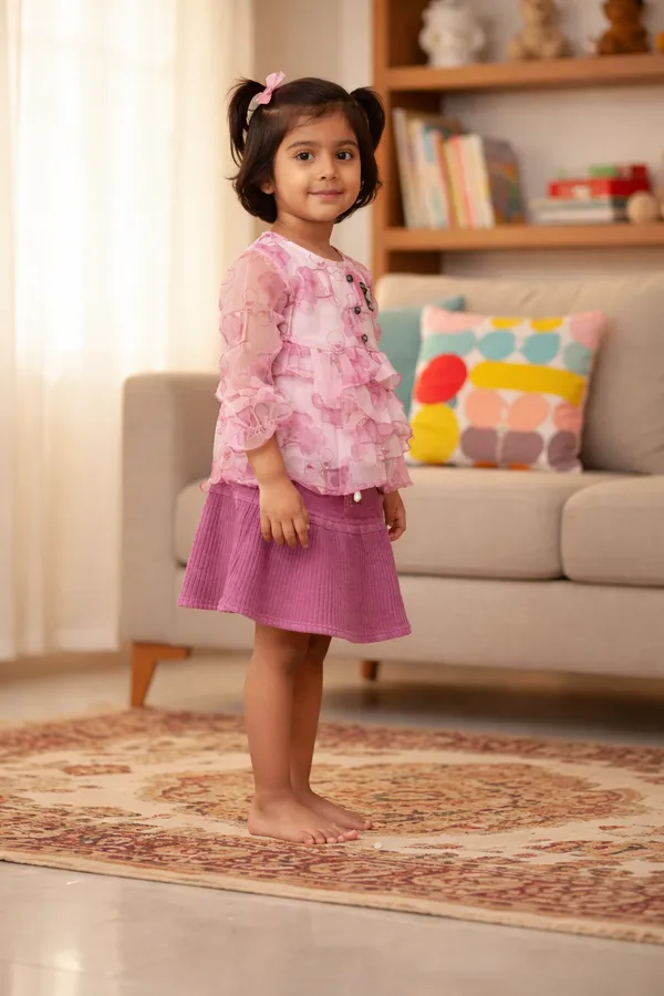 Girls_Pink_Floral_Ruffled_Top_With_Purple_Skirt_Set