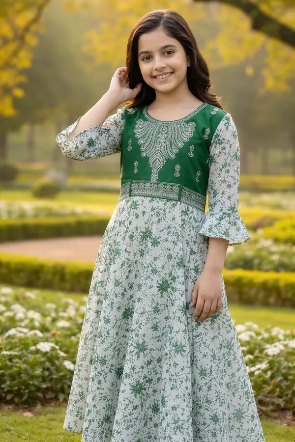 Green_And_White_Floral_Printed_Anarkali_Dress_With_Embellished_Yoke_For_Girls