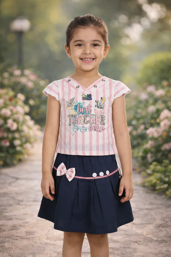 Girls_Pink_And_Navy_Blue_Striped_Top_With_Skirt_Dress_Set