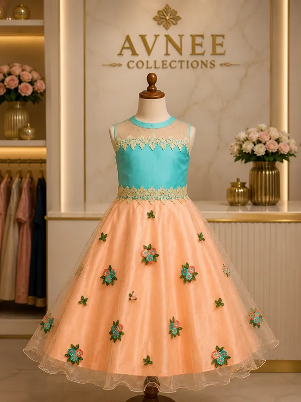 Girls_Aqua_Peach_Floral_Embroidered_Party_Wear_Gown_(Clearance_Sale)
