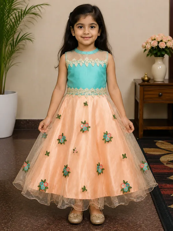 Girls_Aqua_Peach_Floral_Embroidered_Party_Wear_Gown_(Clearance_Sale)