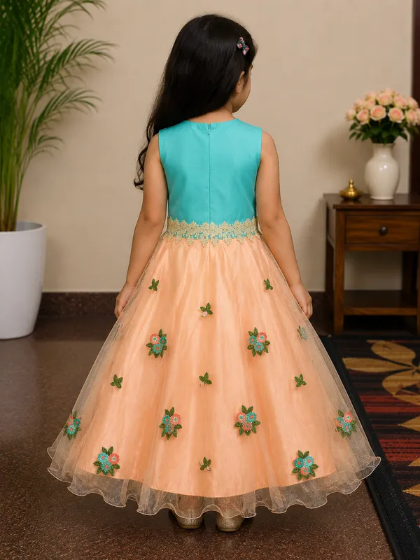Girls_Aqua_Peach_Floral_Embroidered_Party_Wear_Gown_(Clearance_Sale)