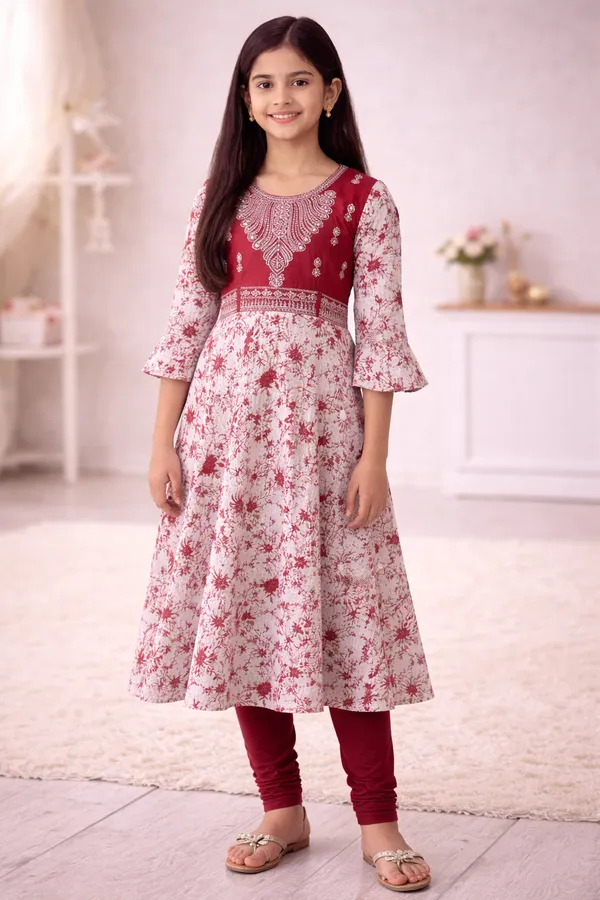 Girls_Maroon_And_White_Floral_Printed_Anarkali_Kurta_With_Embroidered_Yoke