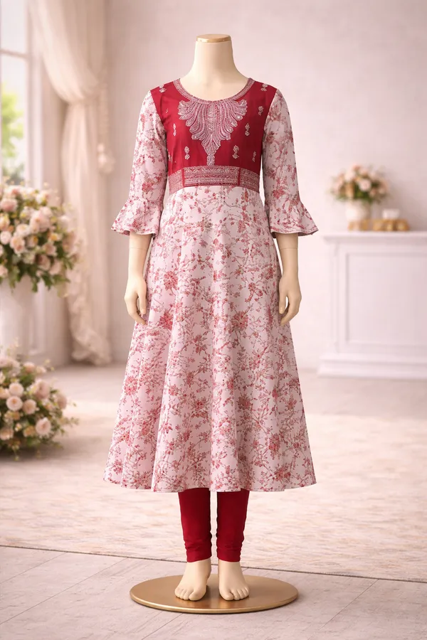 Girls_Maroon_And_White_Floral_Printed_Anarkali_Kurta_With_Embroidered_Yoke