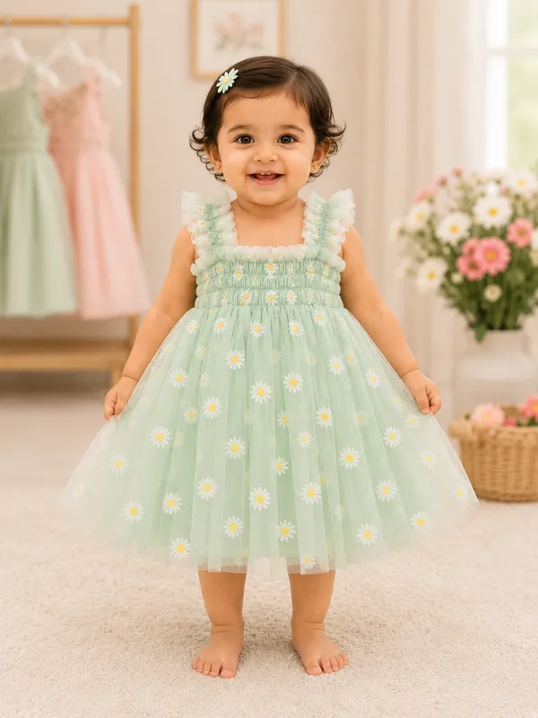 Girls_Mint_Green_Daisy_Print_Net_Party_Wear_Frock