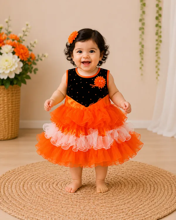 399/-_Sale_:_Girls_Orange_&_Black_Layered_Party_Wear_Frock_-_NR
