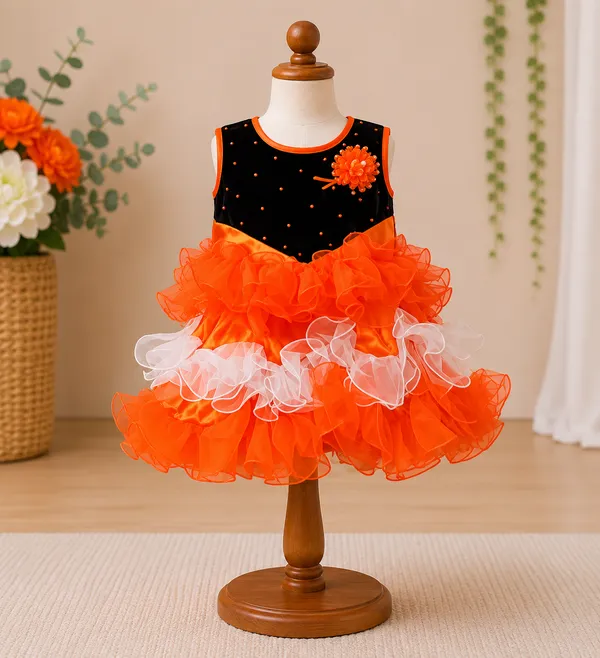 399/-_Sale_:_Girls_Orange_&_Black_Layered_Party_Wear_Frock_-_NR