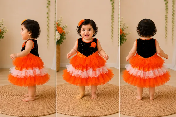 399/-_Sale_:_Girls_Orange_&_Black_Layered_Party_Wear_Frock_-_NR