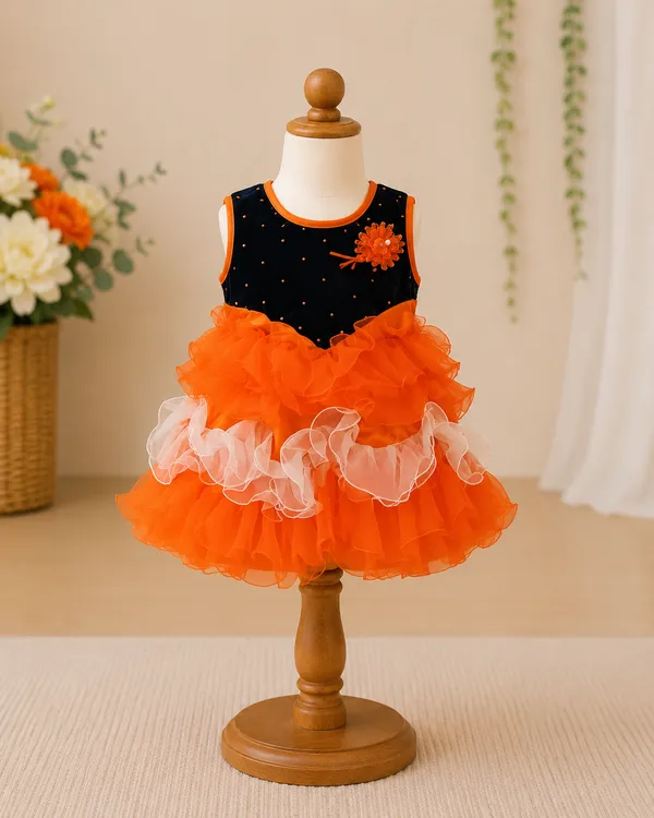 399/-_Sale_:_Girls_Orange_&_Black_Layered_Party_Wear_Frock_-_NR
