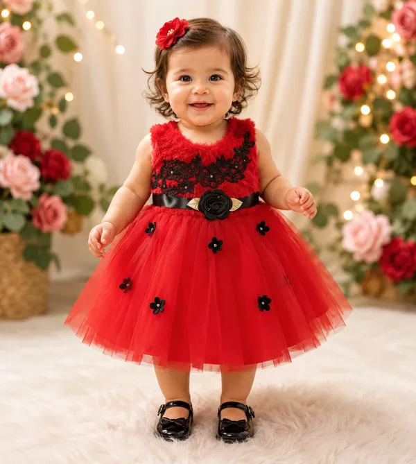 399/-_Sale_:_Girls_Red_&_Black_Floral_Party_Wear_Frock_(NR)