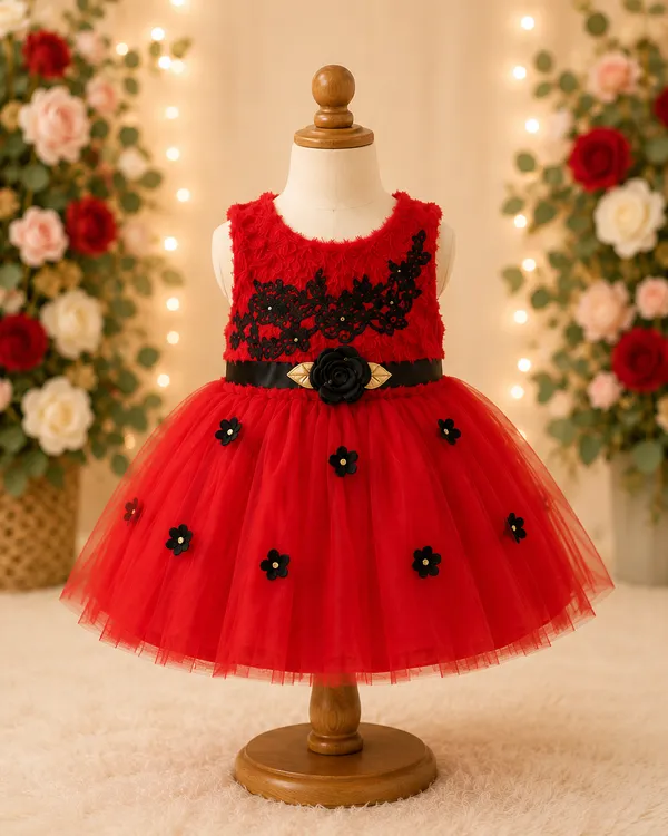 399/-_Sale_:_Girls_Red_&_Black_Floral_Party_Wear_Frock_(NR)