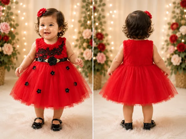 399/-_Sale_:_Girls_Red_&_Black_Floral_Party_Wear_Frock_(NR)