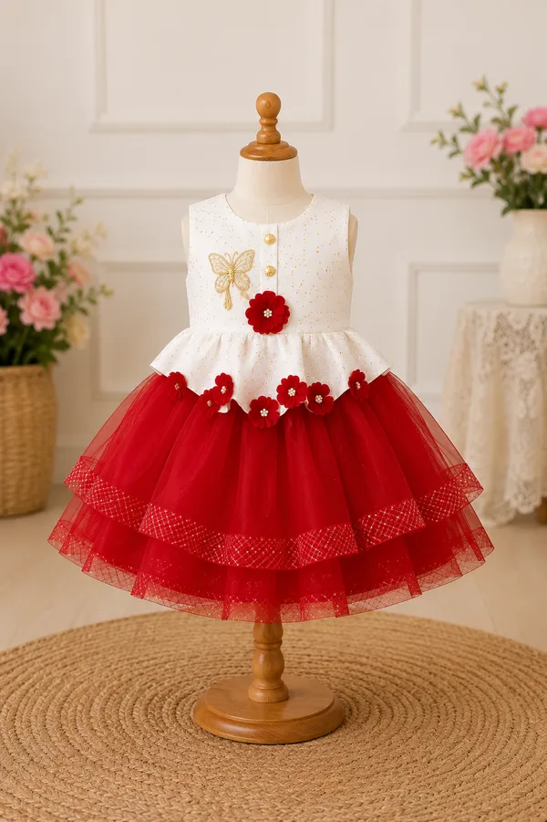 399/-_Sale_:_Girls_Red_&_Ivory_Layered_Party_Wear_Frock_-_NR