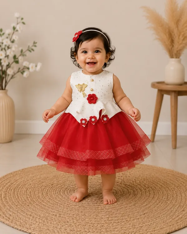 399/-_Sale_:_Girls_Red_&_Ivory_Layered_Party_Wear_Frock_-_NR
