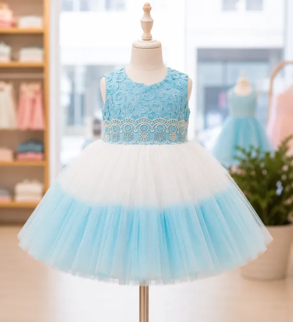 Girls_Sky_Blue_&_White_Party_Wear_Net_Frock
