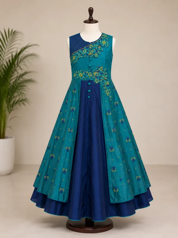 Girls_Teal_&_Navy_Blue_Embroidered_Party_Wear_Gown_(Clearance_Sale)
