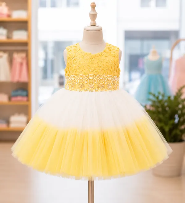 Girls_Yellow__&_White_Party_Wear_Net_Frock