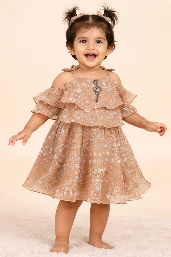 Girls_Peach_Floral_Shimmer_Dress_With_Ruffled_Sleeves