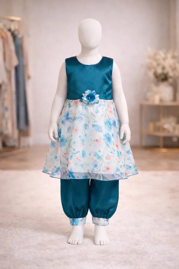 Girls_Teal_Blue_Floral_Printed_Ethnic_Dress_With_Matching_Pants_Set