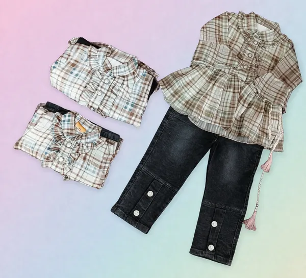 Girls_Checked_Peplum_Top_With_Black_And_Brown_Denim_Jeans_Set
