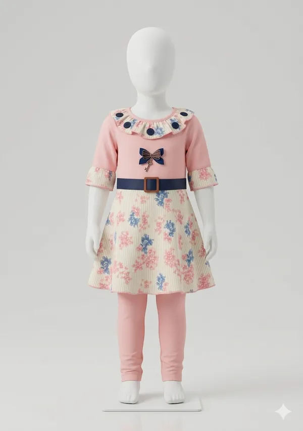 Girls_Pink_Floral_Dress_With_Leggings_Set_-_Butterfly_Detail