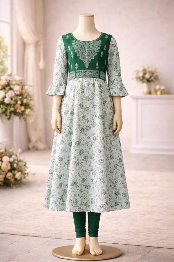 Green_And_White_Floral_Printed_Anarkali_Dress_With_Embellished_Yoke_For_Girls