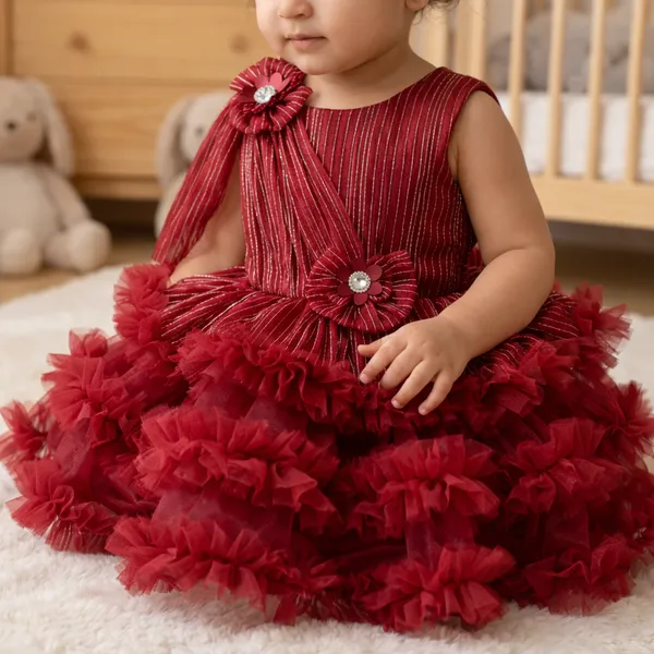Girls_Maroon_Ruffled_Party_Dress_With_Floral_Embellishments