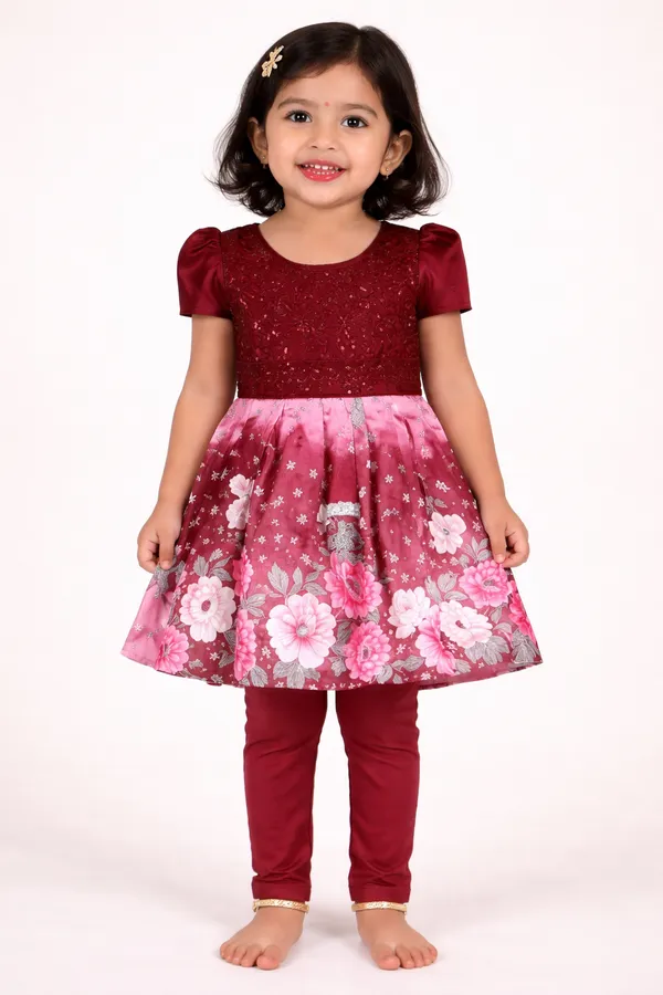 Girls_Maroon_&_Pink_Floral_Dress_With_Leggings_Set