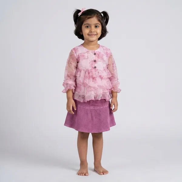 Girls_Pink_Floral_Ruffled_Top_With_Purple_Skirt_Set