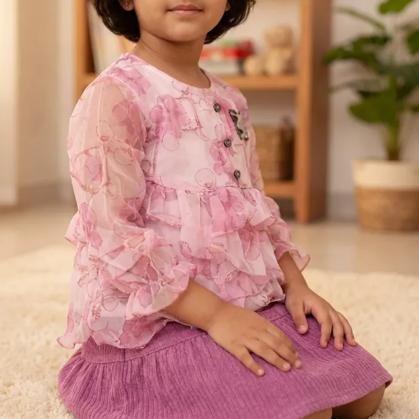 Girls_Pink_Floral_Ruffled_Top_With_Purple_Skirt_Set