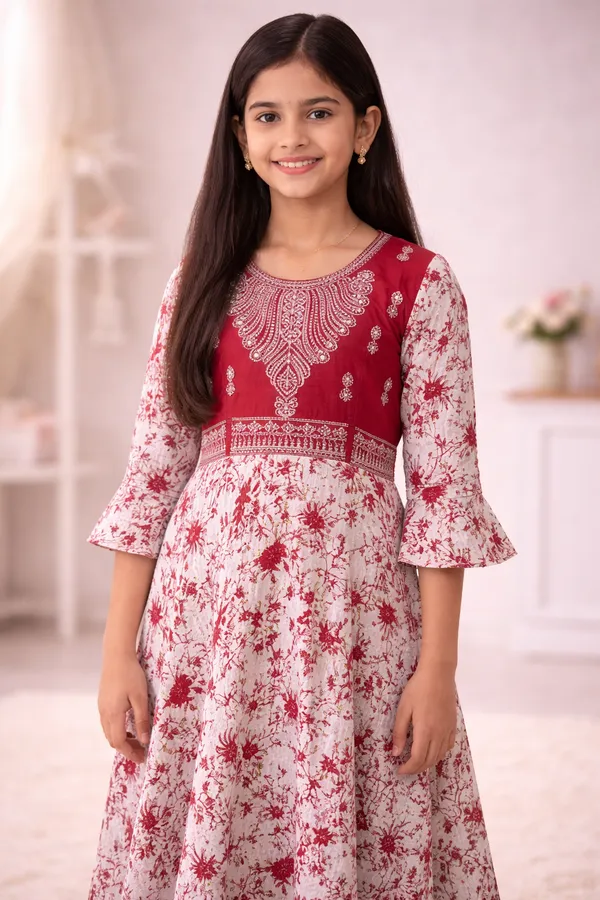 Girls_Red_And_White_Floral_Printed_Anarkali_Kurta_With_Embroidered_Yoke