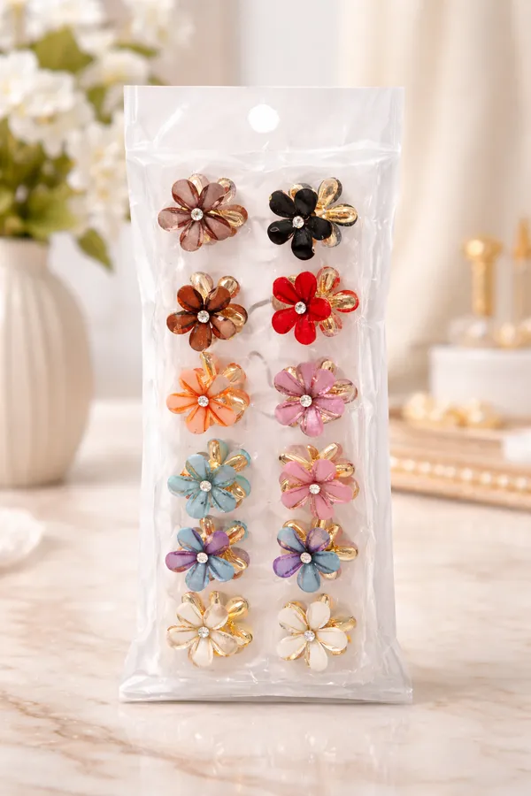 Colorful_Flower_Hair_Claw_Clips_Set_With_Gold_Accents_And_Crystal_Centers_(Pack_Of_12)