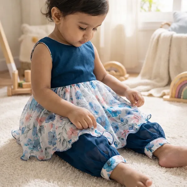 Girls_Blue_Floral_Ethnic_Dress_With_Pants_Set