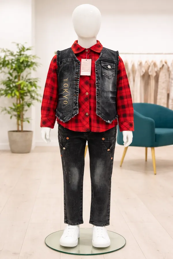 Girls_3-Piece_Denim_Vest_And_Red_Plaid_Shirt_Set_With_Black_Jeans_(Clearance_Sale)