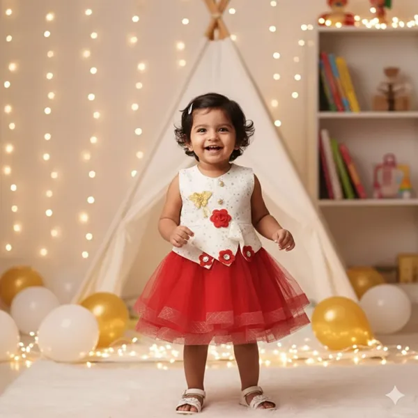 399/-_Sale_:_Girls_Red_&_Ivory_Layered_Party_Wear_Frock_-_NR