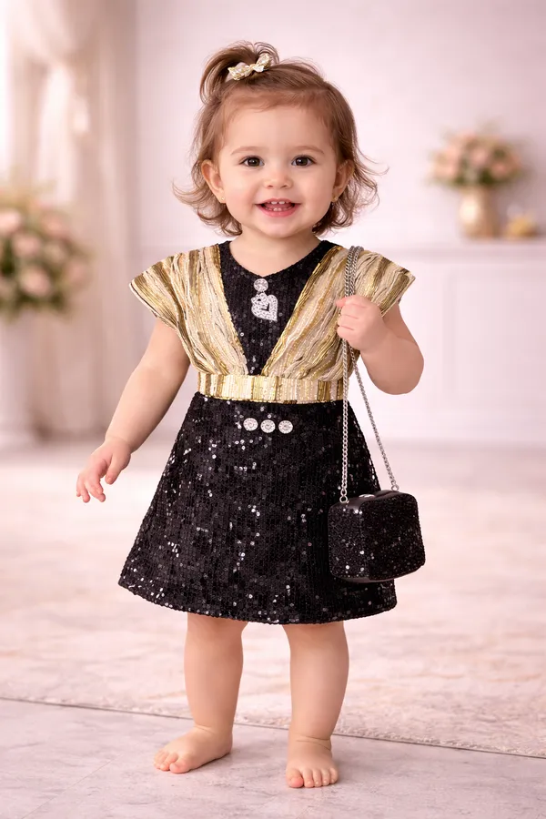 Girls_Black_Sequin_Dress_With_Golden_Drape_And_Matching_Purse
