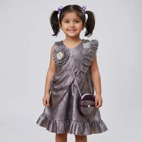Girls_Grey_&_Maroon_Metallic_Party_Dress_With_Floral_Detail_And_Matching_Purse