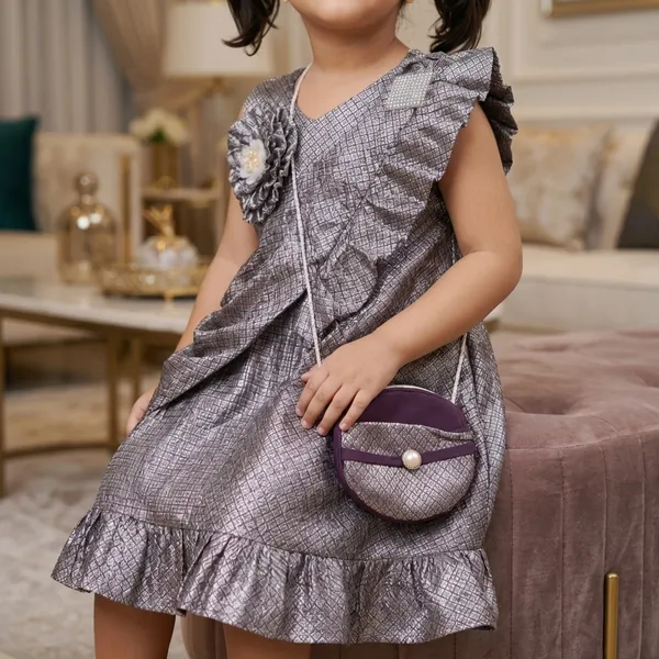 Girls_Grey_&_Maroon_Metallic_Party_Dress_With_Floral_Detail_And_Matching_Purse