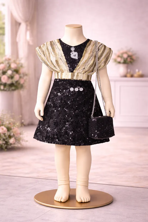 Girls_Black_Sequin_Dress_With_Golden_Drape_And_Matching_Purse