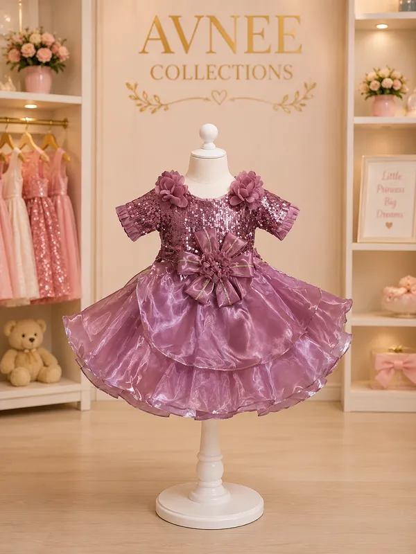 Mauve_Sequin_Floral_Bow_Layered_Party_Wear_Dress