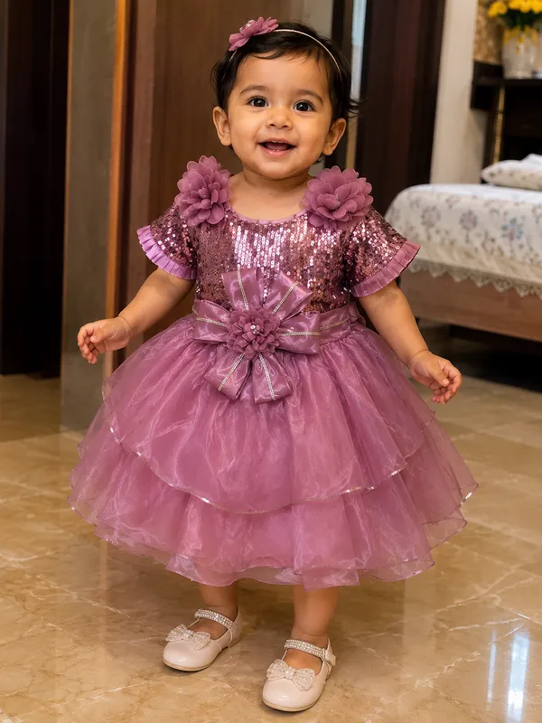 Mauve_Sequin_Floral_Bow_Layered_Party_Wear_Dress