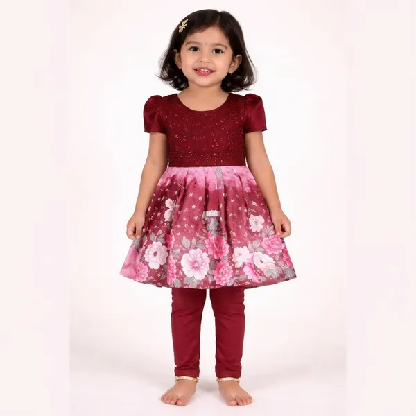 Girls_Maroon_&_Pink_Floral_Dress_With_Leggings_Set