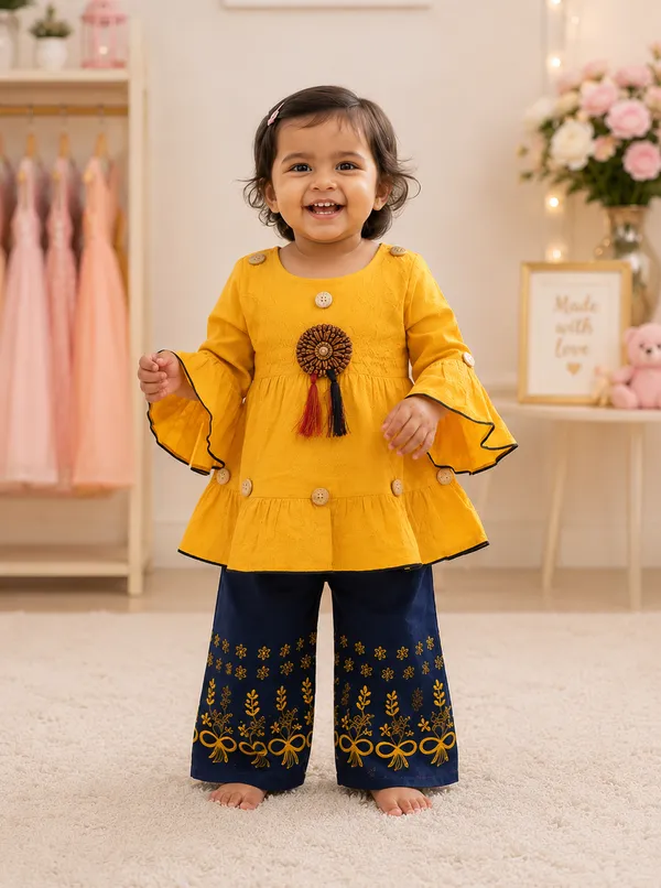 Mustard_Yellow_Kurti_&_Navy_Embroidered_Palazzo_Set