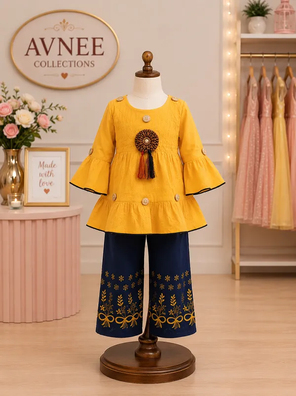 Mustard_Yellow_Kurti_&_Navy_Embroidered_Palazzo_Set